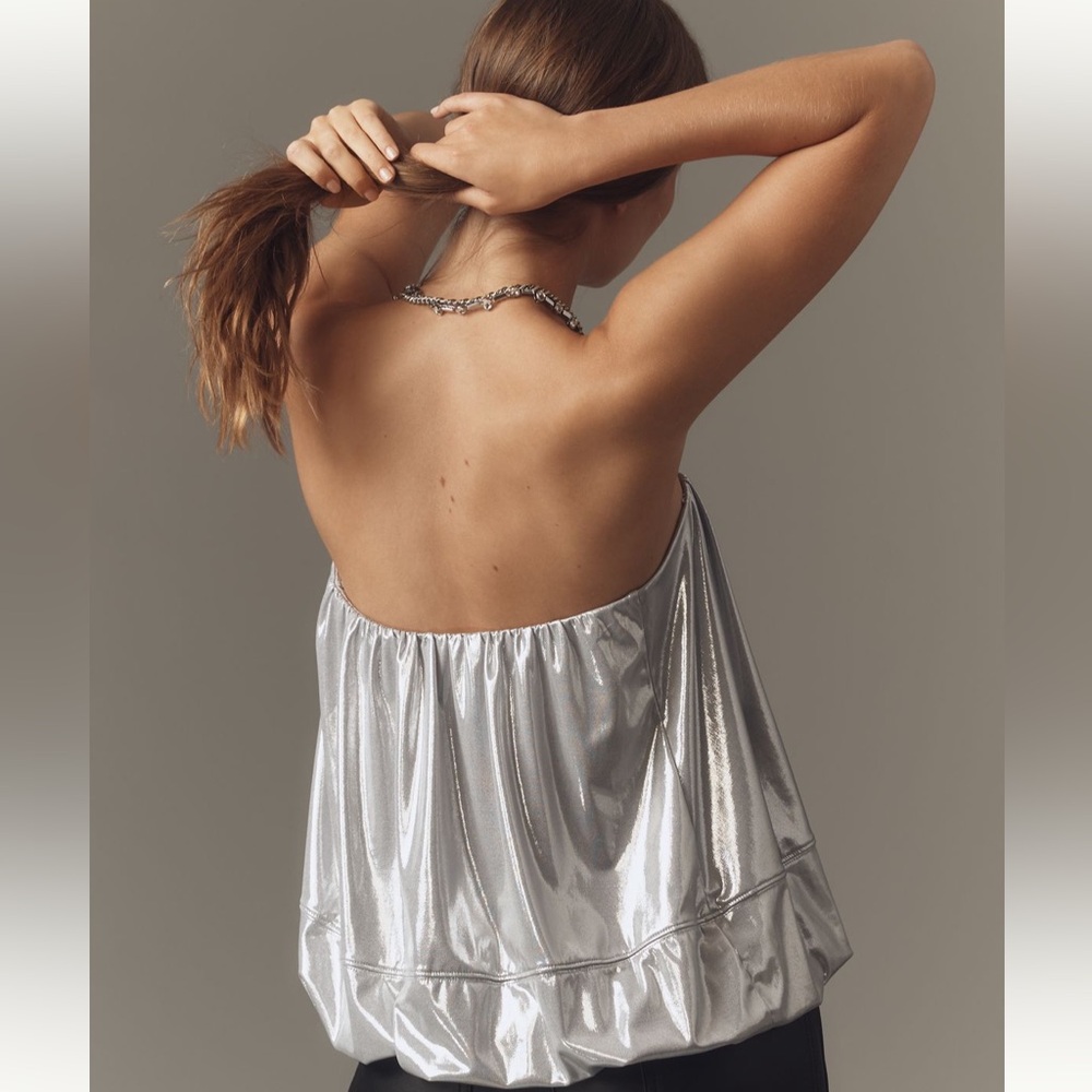 Anthro Maeve Silver Metallic Strapless Bubble Top NWT Size L Summer - Picture 7 of 11